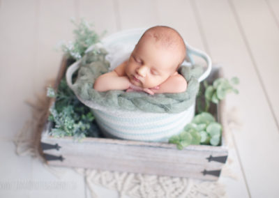 newborn baby boy in white an green bucket