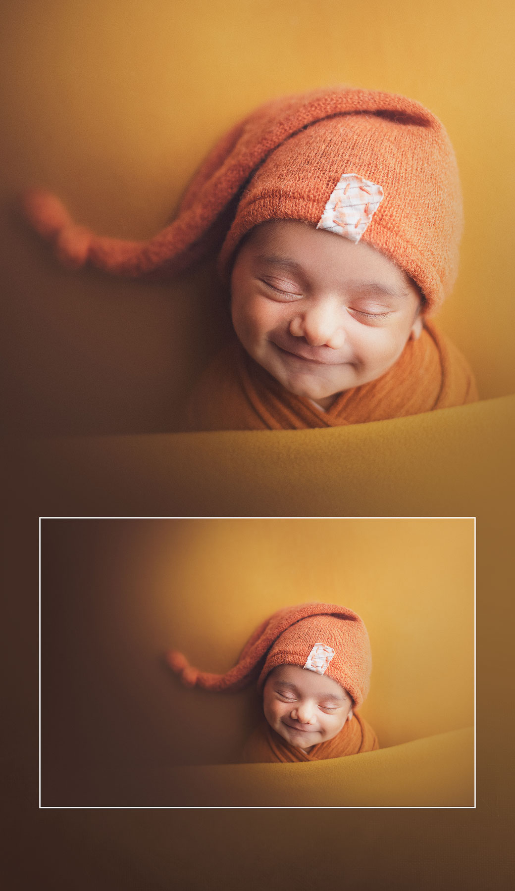 newborn photography - vancouver - surrey and burnaby - baby boy orange background with hat