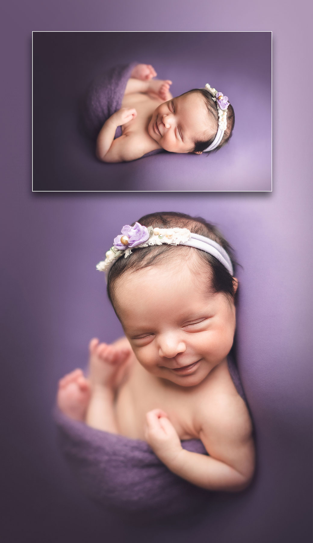 newborn photography - vancouver - surrey and burnaby - baby girl smile purple